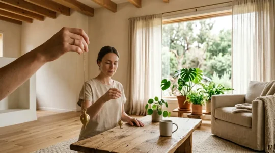 Mesure du taux vibratoire d'une maison avec un pendule et une échelle de Bovis, pratique de radiesthésie dans un intérieur lumineux