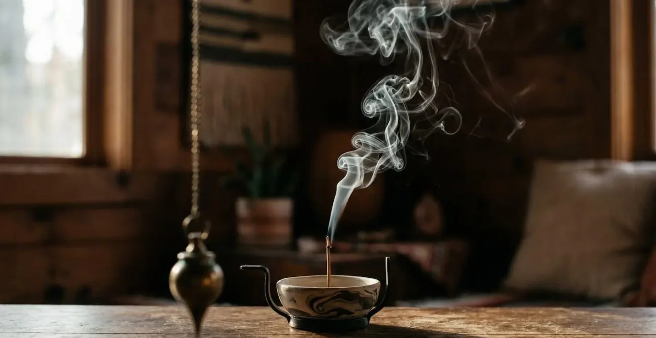 Atmosphère zen avec encens et pendule pour mesurer les vibrations énergétiques d'une pièce
