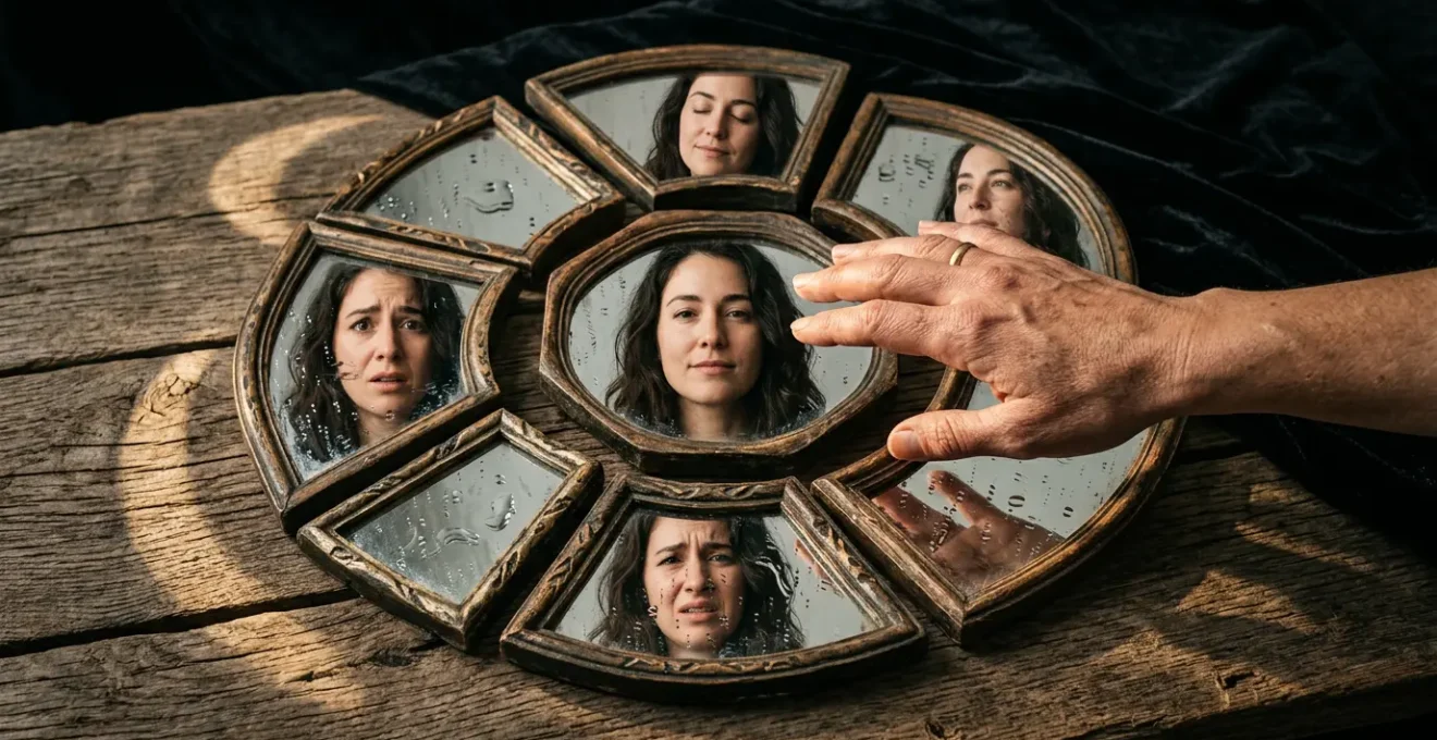 Reflet fragmenté d'un visage dans plusieurs miroirs avec des effets d'eau et de lumière évoquant les réactions émotionnelles