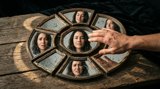 Reflet fragmenté d'un visage dans plusieurs miroirs avec des effets d'eau et de lumière évoquant les réactions émotionnelles