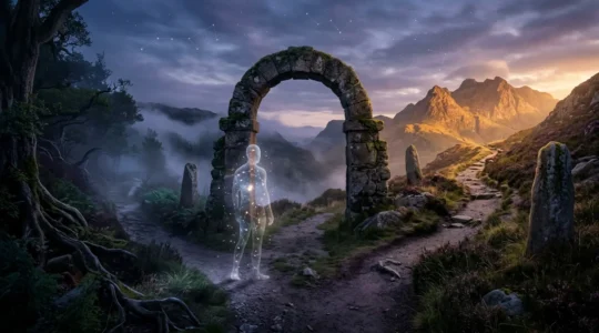 Deux chemins lumineux divergents dans un paysage cosmique mystique