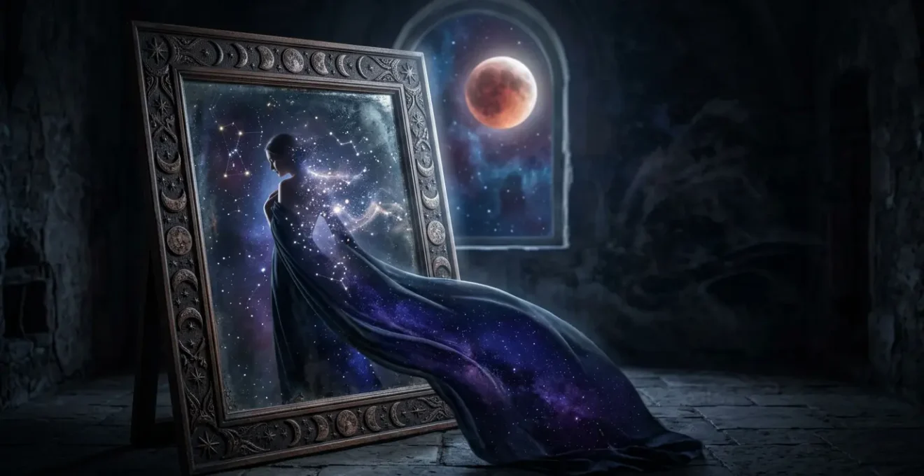 Miroir symbolique reflétant une silhouette féminine mystérieuse avec des constellations lumineuses en arrière-plan