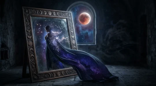 Miroir symbolique reflétant une silhouette féminine mystérieuse avec des constellations lumineuses en arrière-plan