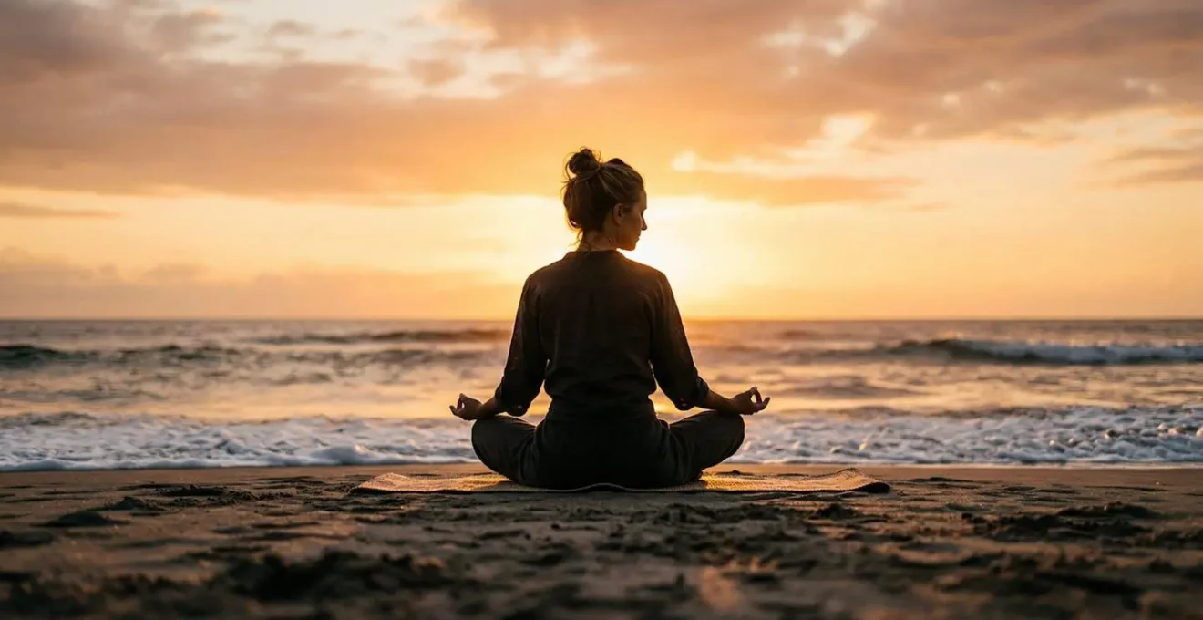 Personne méditant au lever du soleil sur une plage, corps aligné dans une posture de yoga