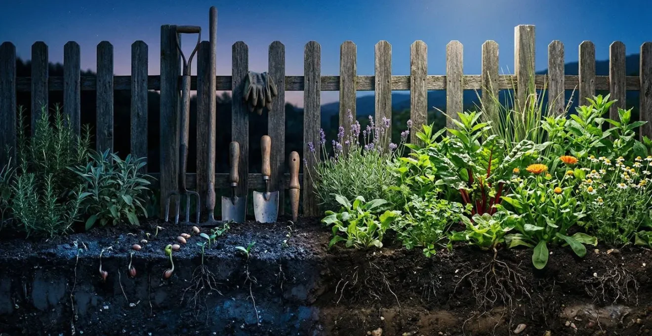 Jardin potager sous différentes phases de lune dans le ciel nocturne