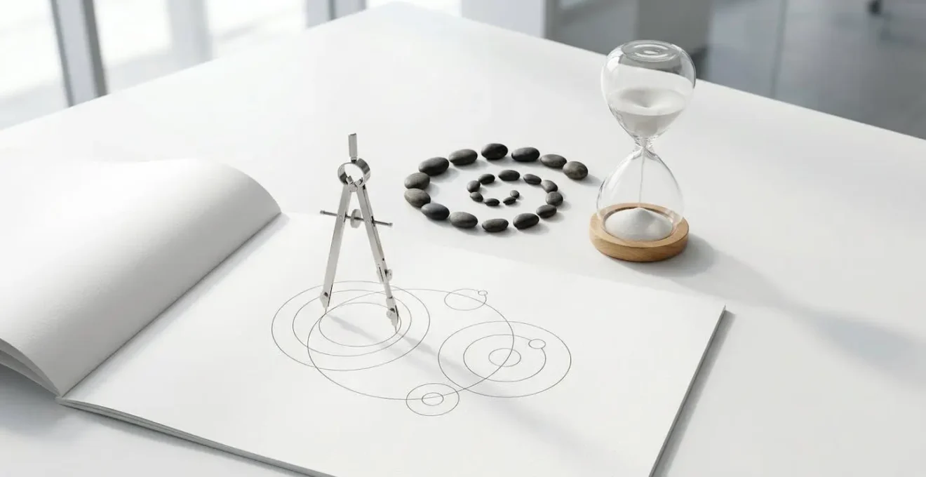 Espace de travail minimaliste avec calendrier et outils de planification suggérant l'organisation face aux cycles planétaires