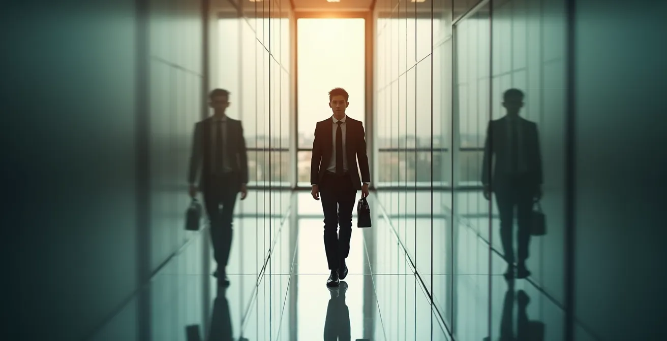 Personne en costume élégant marchant avec assurance dans un couloir vitré moderne, reflet montrant une silhouette plus imposante