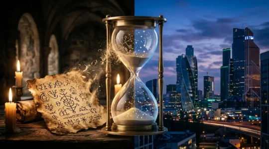 Composition symbolique mélangeant mystique ancienne et modernité avec des éléments visuels évoquant les prophéties