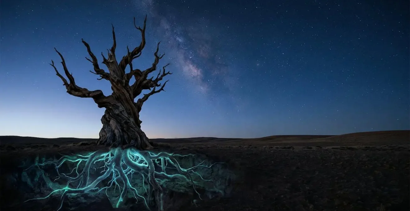 Arbre aux racines profondes s'élevant vers un ciel étoilé, symbolisant l'héritage familial et l'évolution personnelle