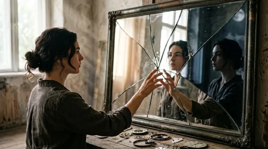 Personne contemplative devant un miroir fragmenté reflétant différentes temporalités