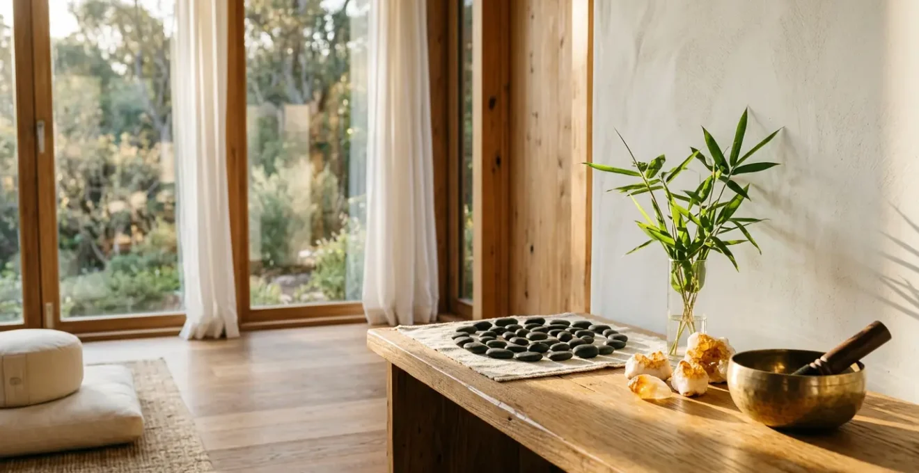 Scène zen montrant un environnement harmonieux propice à l'abondance avec éléments naturels et énergétiques