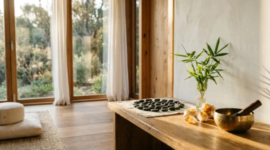 Scène zen montrant un environnement harmonieux propice à l'abondance avec éléments naturels et énergétiques