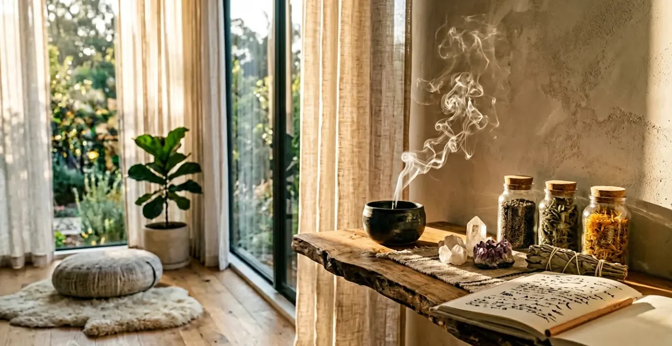 Espace sacré minimaliste avec encens naturel et cristaux pour pratique spirituelle quotidienne