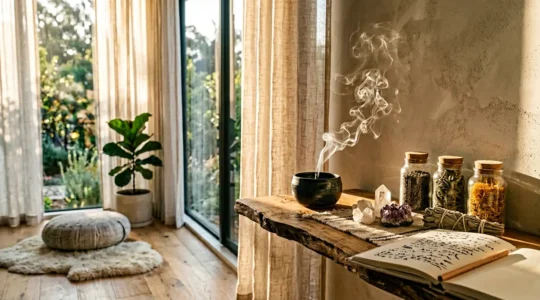 Espace sacré minimaliste avec encens naturel et cristaux pour pratique spirituelle quotidienne