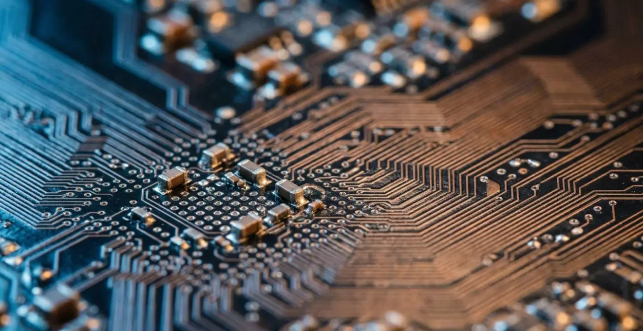 Vue macro de circuits informatiques avec effet de profondeur de champ créant une métaphore de l'organisation numérique