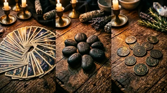 Composition artistique de trois supports divinatoires avec tarot, runes et pièces du Yi Jing disposés en harmonie