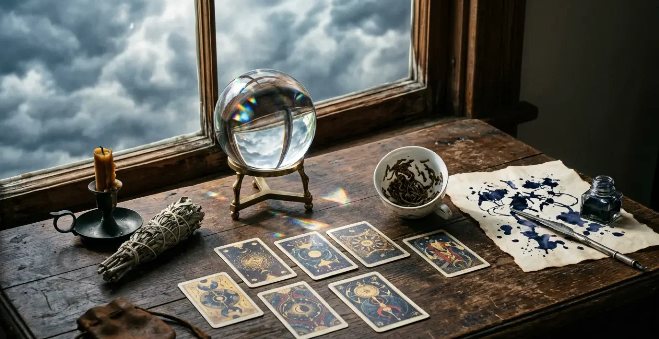 Différents supports de voyance disposés sur une table ancienne en bois avec une boule de cristal, des cartes de tarot et une vue du ciel nuageux en arrière-plan