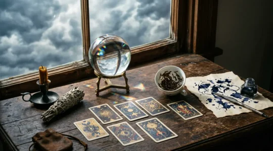 Différents supports de voyance disposés sur une table ancienne en bois avec une boule de cristal, des cartes de tarot et une vue du ciel nuageux en arrière-plan