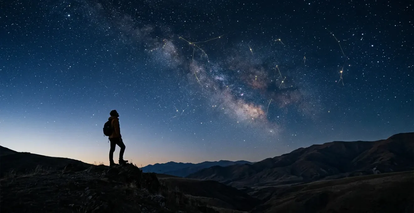 Personne contemplant un ciel étoilé avec des constellations lumineuses formant des symboles astrologiques