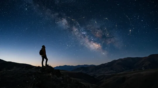 Personne contemplant un ciel étoilé avec des constellations lumineuses formant des symboles astrologiques