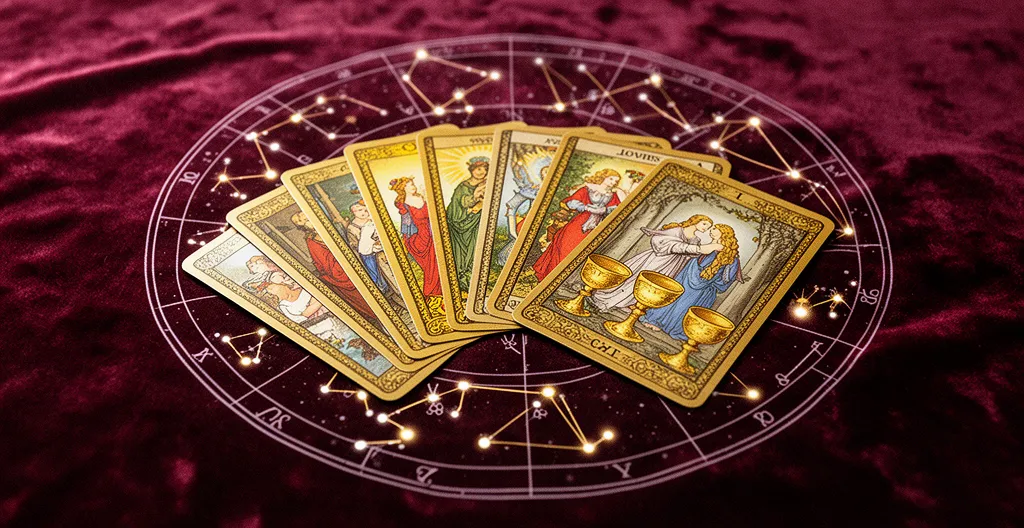 Composition mystique avec cartes de tarot dorées et constellation astrologique illuminée dans un décor romantique et intimiste