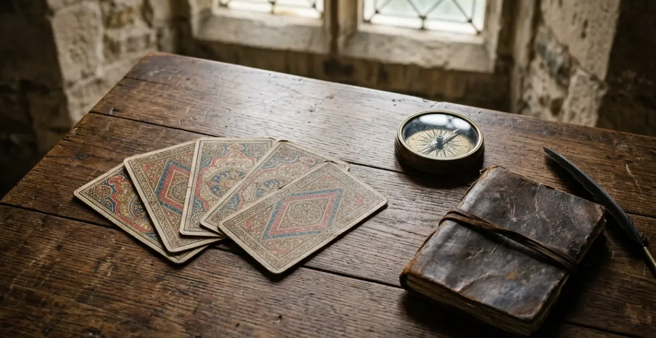 Table ancienne avec cartes de tarot de Marseille étalées en éventail sous lumière douce