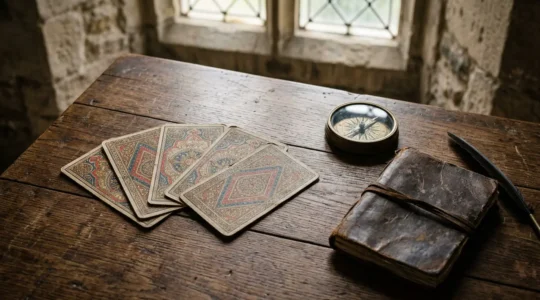 Table ancienne avec cartes de tarot de Marseille étalées en éventail sous lumière douce
