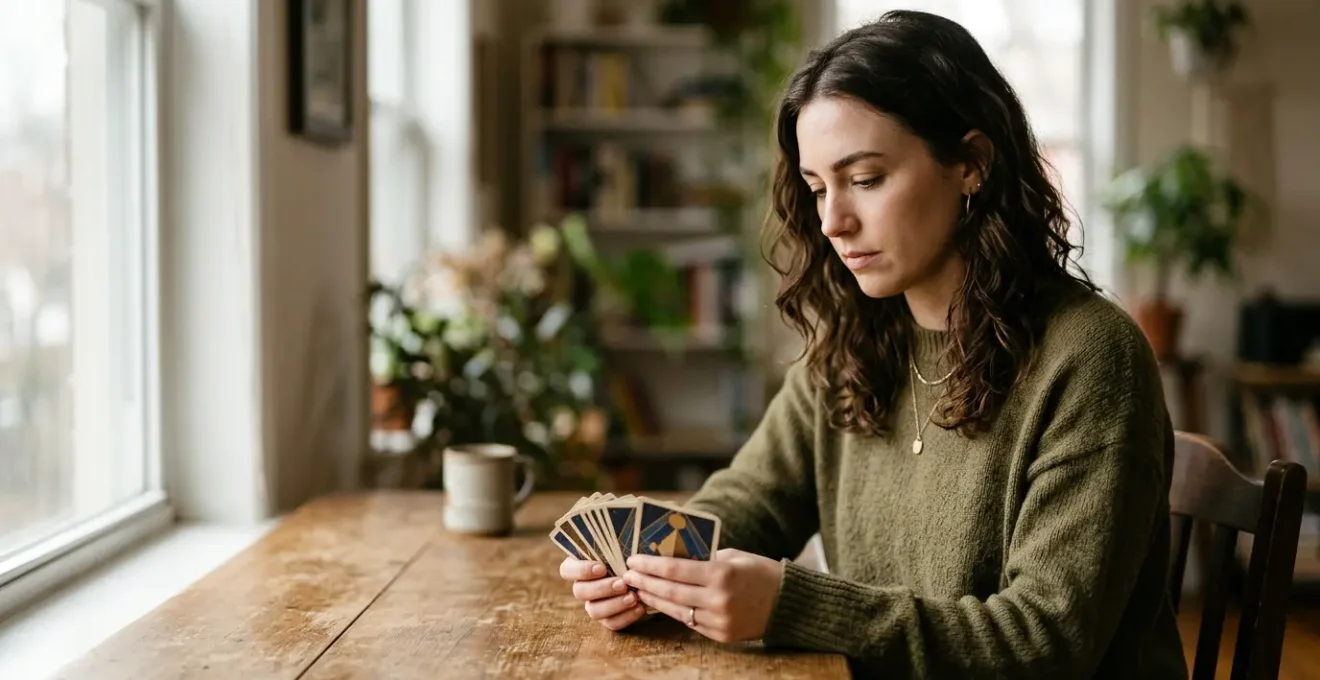 Illustration d'une personne en méditation contemplant des cartes de tarot dans une ambiance introspective