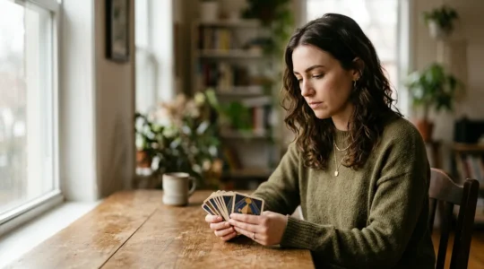 Illustration d'une personne en méditation contemplant des cartes de tarot dans une ambiance introspective