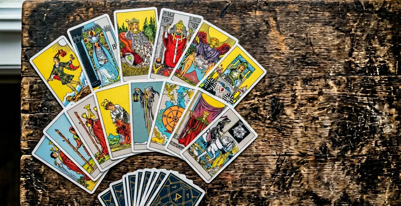Illustration montrant une composition de cartes de tarot Rider-Waite Smith avec leurs scènes colorées et détaillées