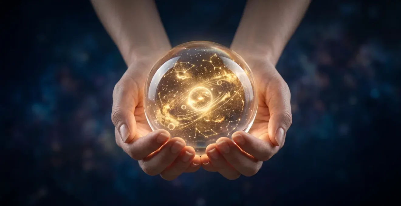 Mains tenant délicatement une sphère céleste transparente révélant des constellations dorées