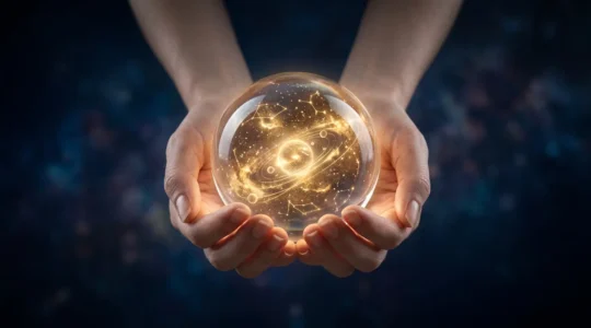 Mains tenant délicatement une sphère céleste transparente révélant des constellations dorées
