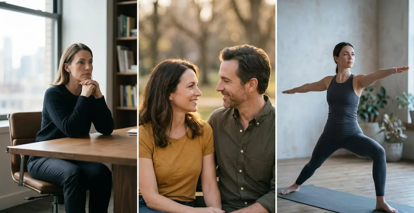 Triptyque photographique montrant trois scènes de vie quotidienne : bureau professionnel, couple en discussion, personne pratiquant le yoga