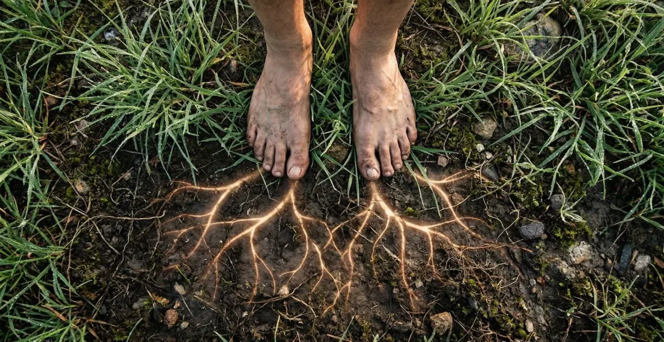 Pieds nus sur terre avec visualisation de racines énergétiques s'enfonçant dans le sol