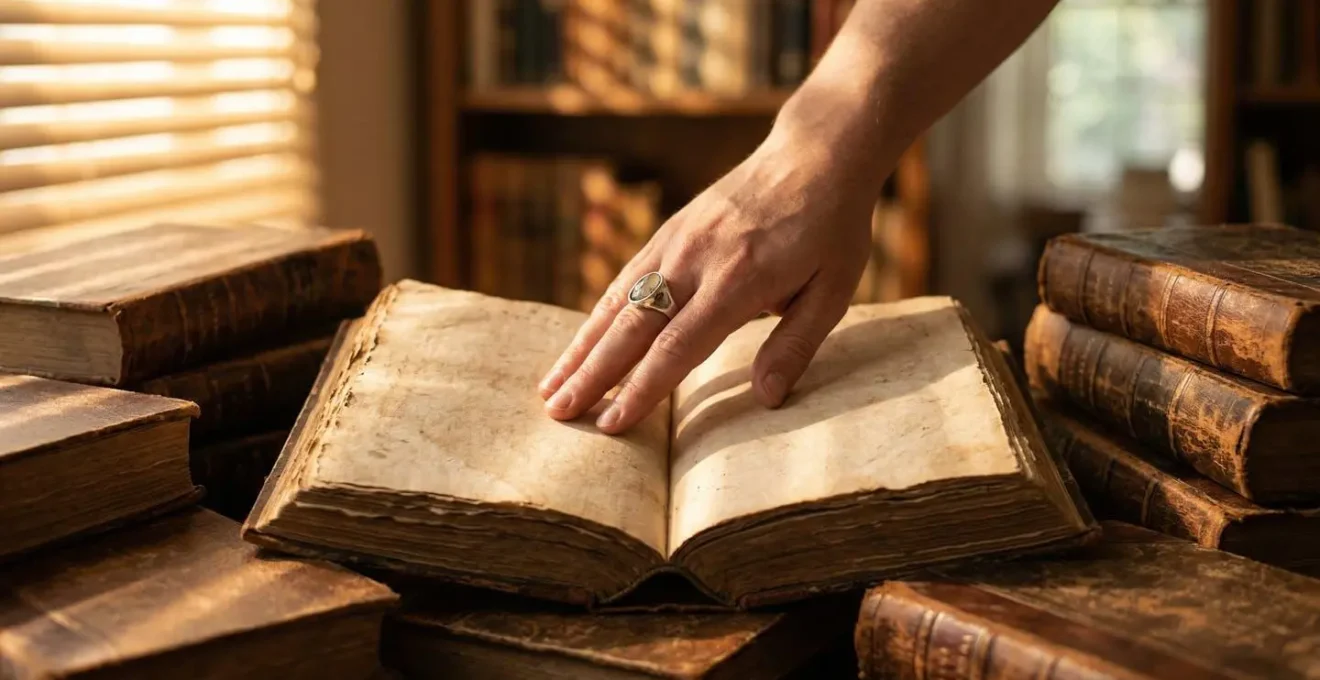 Livres anciens empilés sur une table avec une main posée sur une page ouverte, éclairés par une lumière dorée filtrant à travers une fenêtre