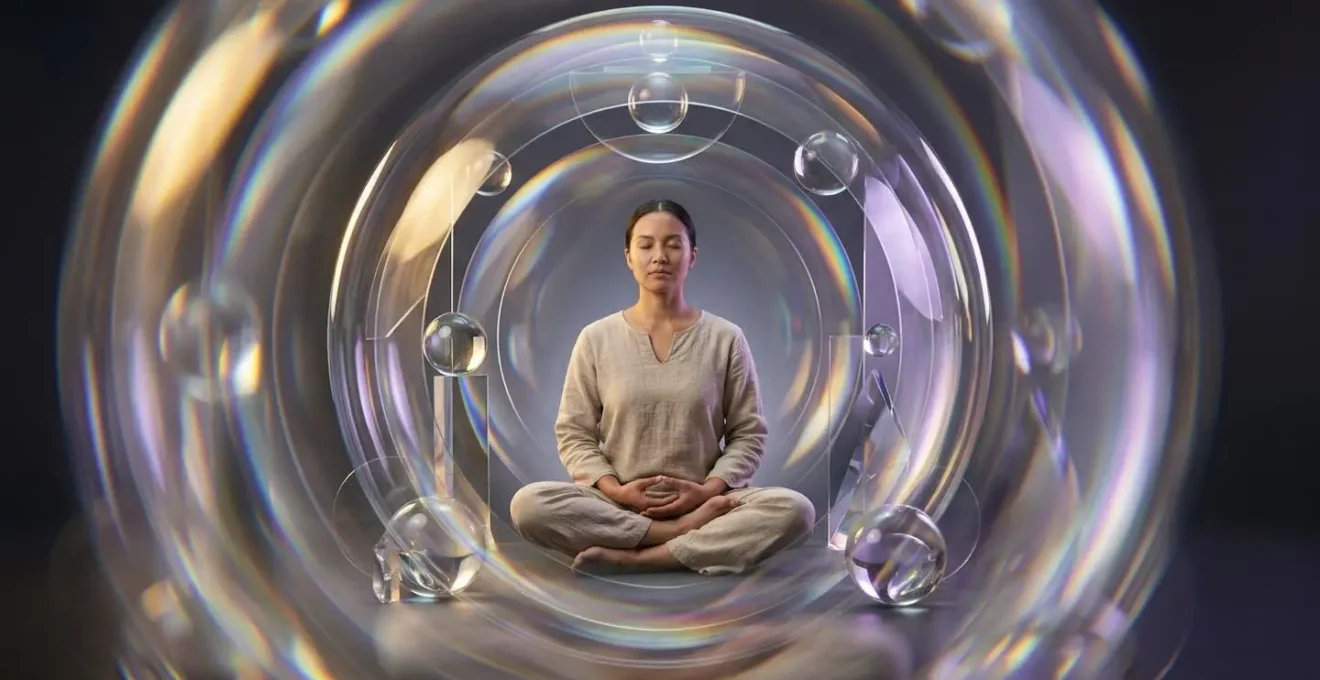 Sphère de lumière translucide dorée et platine entourant une personne en méditation