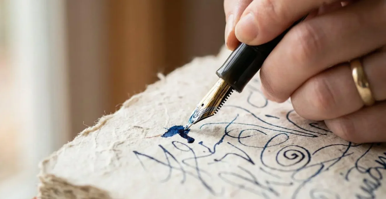 Cahier ouvert avec main tenant un stylo, lumière douce éclairant les pages vierges