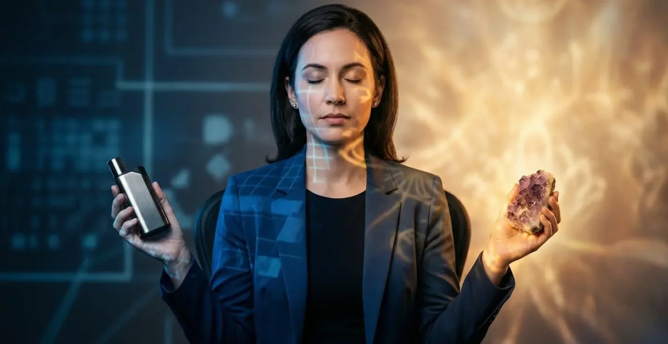 Portrait symbolique de la dualité générationnelle entre innovation technologique et quête spirituelle