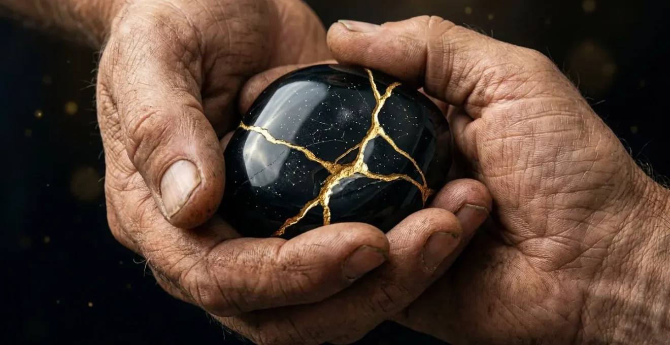 Mains tenant délicatement une pierre noire polie avec des fissures dorées façon kintsugi
