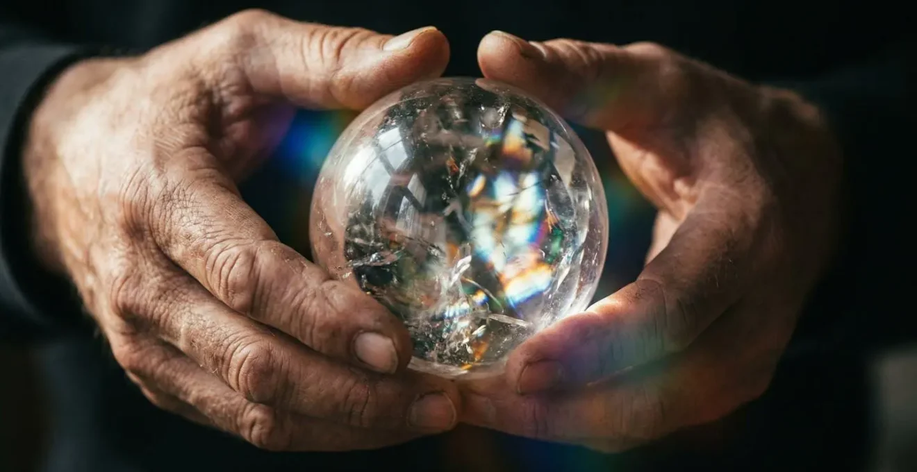 Mains d'un voyant tenant une sphère de cristal avec des reflets lumineux suggérant une connexion énergétique