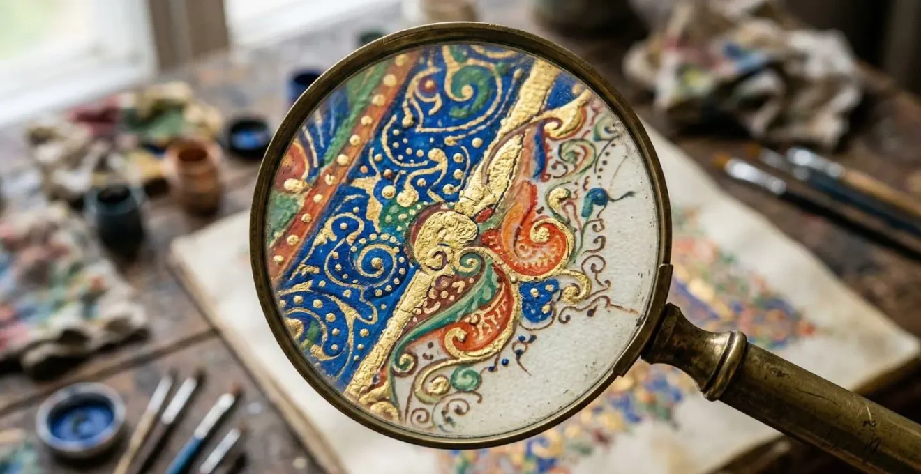 Gros plan sur les détails colorés d'une carte ancienne sous loupe