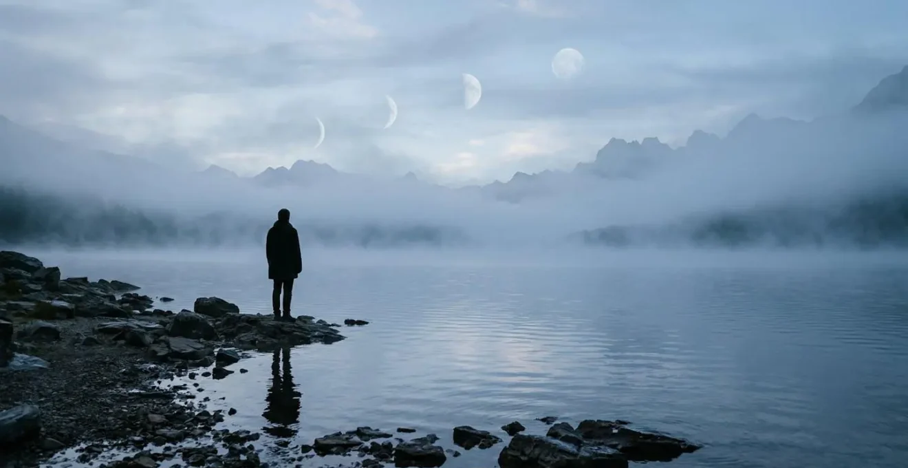 Paysage onirique avec brume sur l'eau et reflets lunaires symbolisant l'inconscient