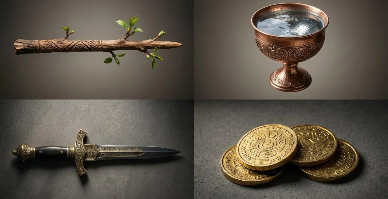 Composition artistique montrant les quatre éléments du tarot à travers des objets symboliques