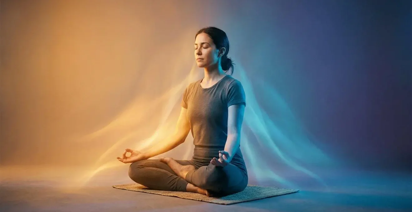 Personne en méditation avec visualisation des flux énergétiques colorés autour du corps