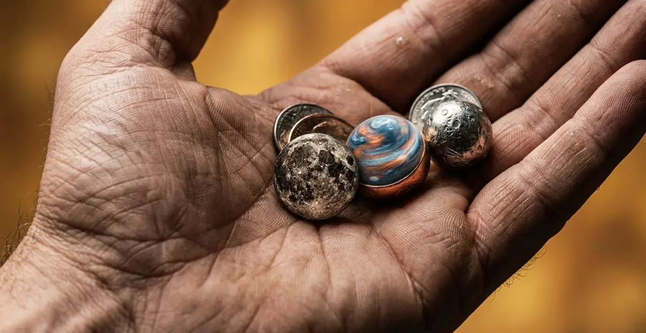 Vue macro d'une main tenant des pièces dorées transformées en planètes miniatures