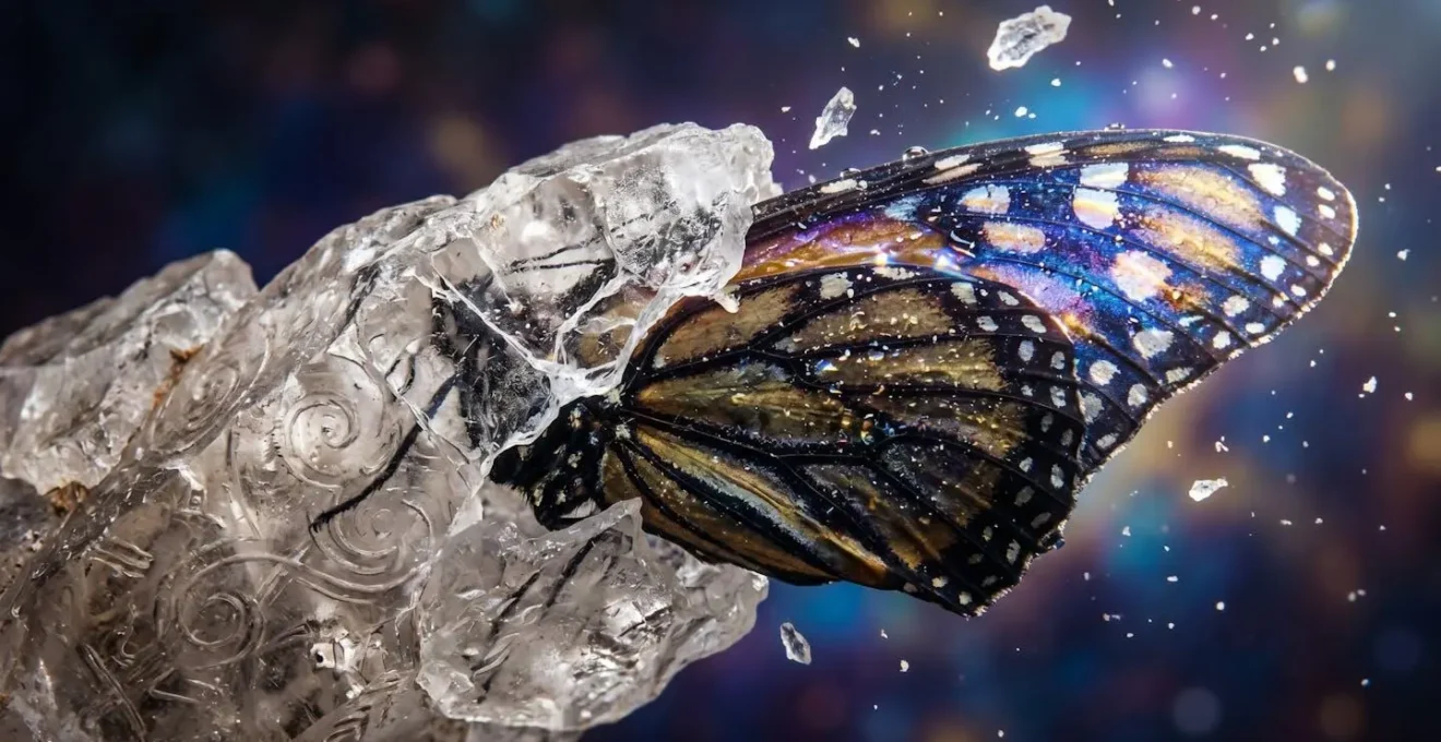 Métamorphose d'une chrysalide en papillon lumineux symbolisant la transformation karmique