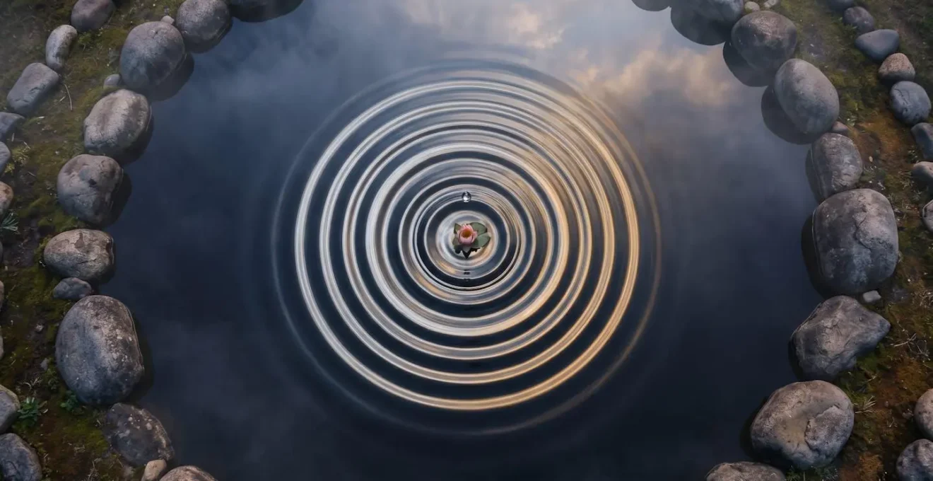 Vue aérienne minimaliste de cercles concentriques dans l'eau représentant la résonance karmique
